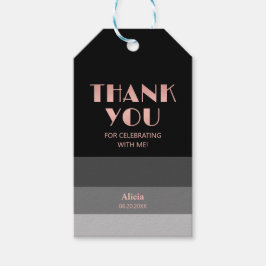 Etiqueta Para Presente Rosa Dourado Script Black Cinzas Strips Obrigado