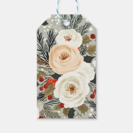 Etiqueta Para Presente Rosas Brancas de Natal Elegantes e Berry Vermelho