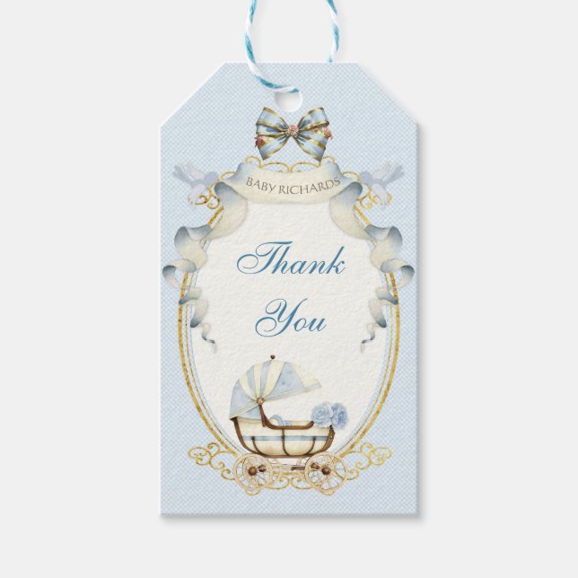 Etiqueta Para Presente Rosas Dourados Azuis Carruagems Antigos Gingham (Frente)