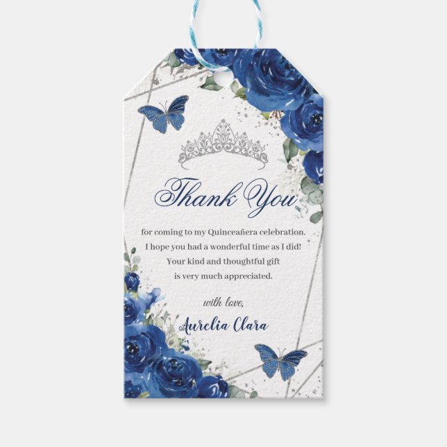 Etiqueta Para Presente Royal Blue Floral Butterflies Quinceañera Birthday (Frente)
