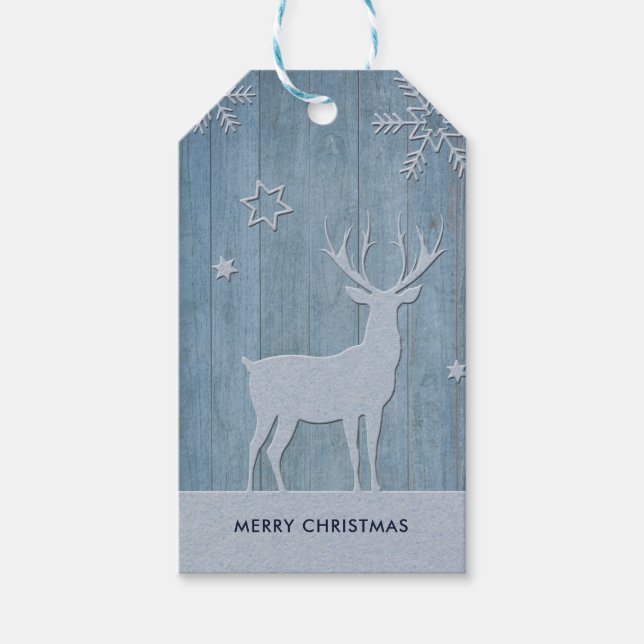Etiqueta Para Presente Rustic Blue Wood Reindet — Natal (Frente)