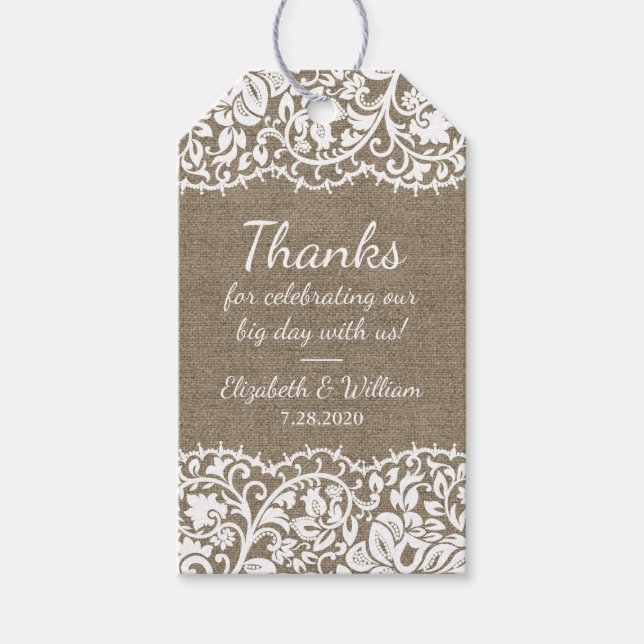 Etiqueta Para Presente Rustic Burlap & Vintage Lace Casamento Obrigado (Frente)