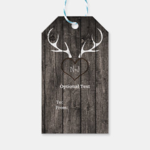 Etiqueta Para Presente Rustic Deer Antlers & Carved Heart Casamento