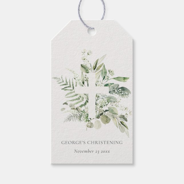 Etiqueta Para Presente Rustic Eucalyptus Fern Foliage Cross Christening (Frente)