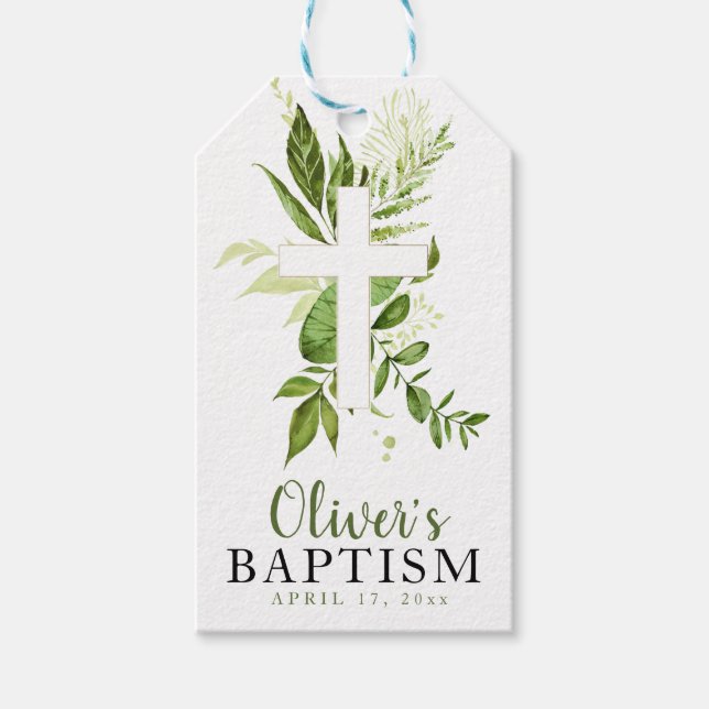 Etiqueta Para Presente Rustic Greenery Cross Boy Baptism Favor (Frente)