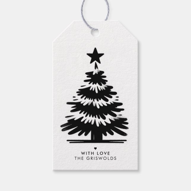 Etiqueta Para Presente Rustic Grunge Black & White Merry Christmas Tree (Frente)