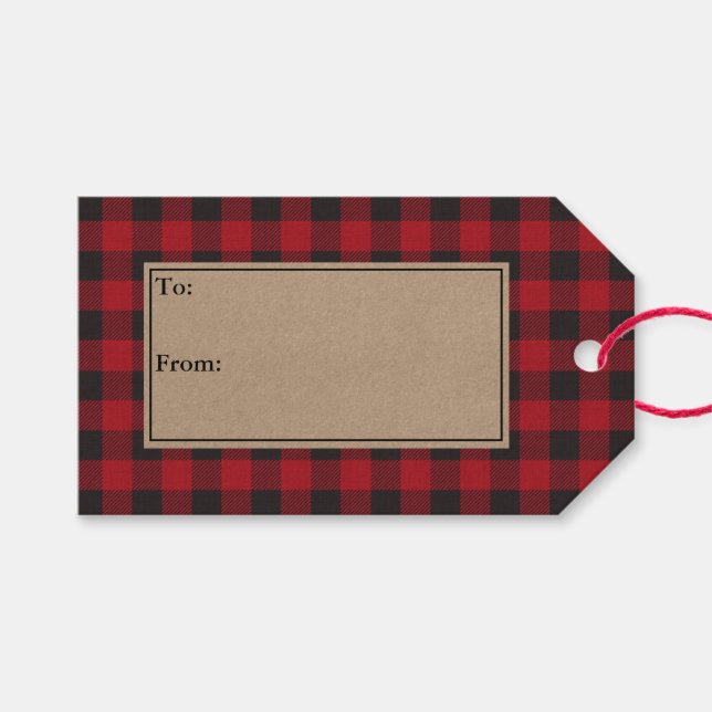Etiqueta Para Presente Rustic Holiday Red Buffalo Xadrez Kraft (Frente (horizontal))