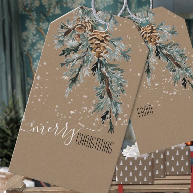 Etiqueta Para Presente Rustic Kraft Juniper Bough & Cones Feliz Natal (Rustic Kraft Juniper Bough & Cones Merry Christmas Holiday Gift Wrapping Name Tag
)