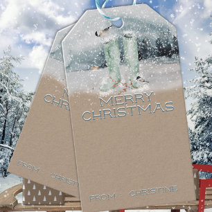 Etiqueta Para Presente Rustic Kraft Paper Snowy Boots & Chickadees Winter