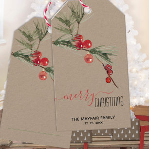 Etiqueta Para Presente Rustic Kraft Pine Red Berries Feliz Natal
