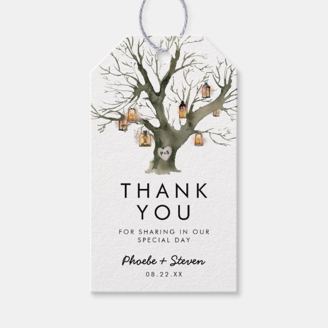 Etiqueta Para Presente Rustic Lanterns Oak Tree Casamento Favor Obrigado (Frente)