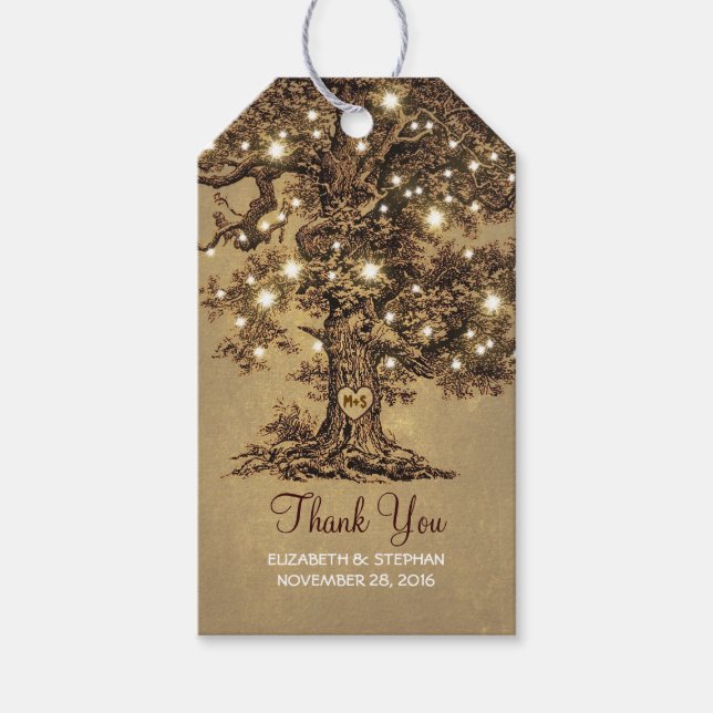 Etiqueta Para Presente Rustic Old Tree & String Lights Casamento Obrigado (Frente)