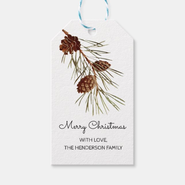 Etiqueta Para Presente Rustic Pinecone Watercolor Felry Christmas (Frente)