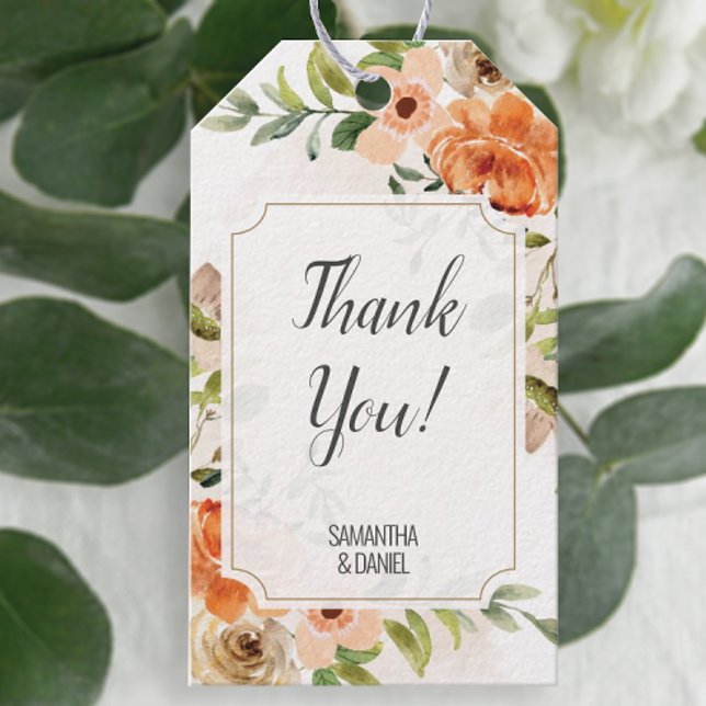 Etiqueta Para Presente Rustic Terracotta Wedding Obrigado (Easily personalize these pretty floral favor tags with just a few clicks.)