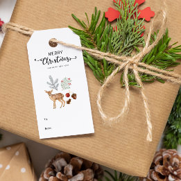 Etiqueta Para Presente Rustic Watercolor Deer e Botanicals Natal