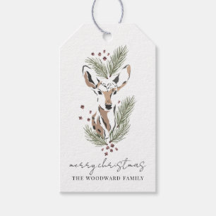 Etiqueta Para Presente Rustic Watercolor Deer Pine Boughs Natal