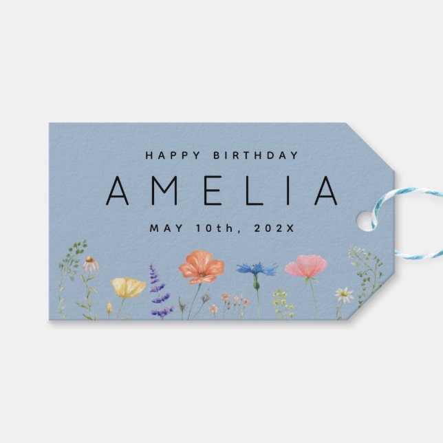 Etiqueta Para Presente Rustic Wildflower Happy Birthday Name (Frente (horizontal))