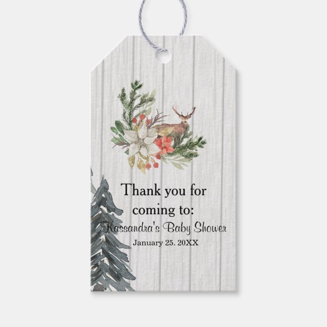 Etiqueta Para Presente Rustic Winter Greenery With Deer Obrigado (Frente)