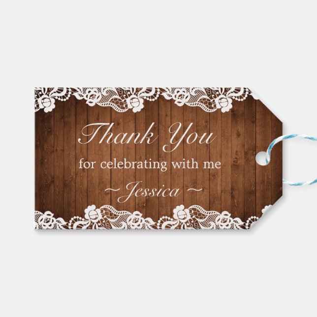 Etiqueta Para Presente Rustic Wood & White Lace Aniversário Obrigado (Frente (horizontal))