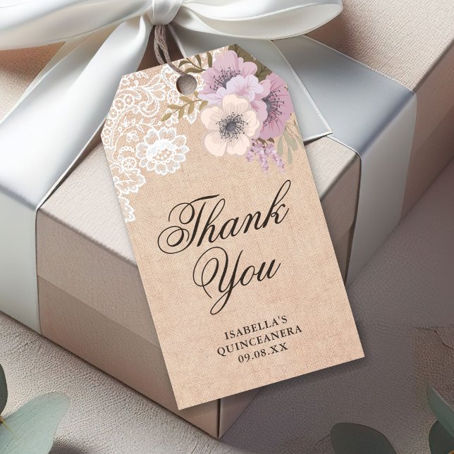 Etiqueta Para Presente Rústico Burlap Lace Pink Floral Obrigado (Criador carregado)