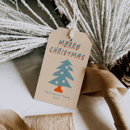 Etiqueta Para Presente Rústico Mão Desenhada Azul Árvore de Natal Funky