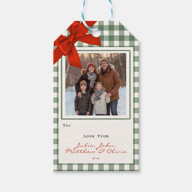 Etiqueta Para Presente Sage Green Gingham Plaid Photo Christmas (Frente)