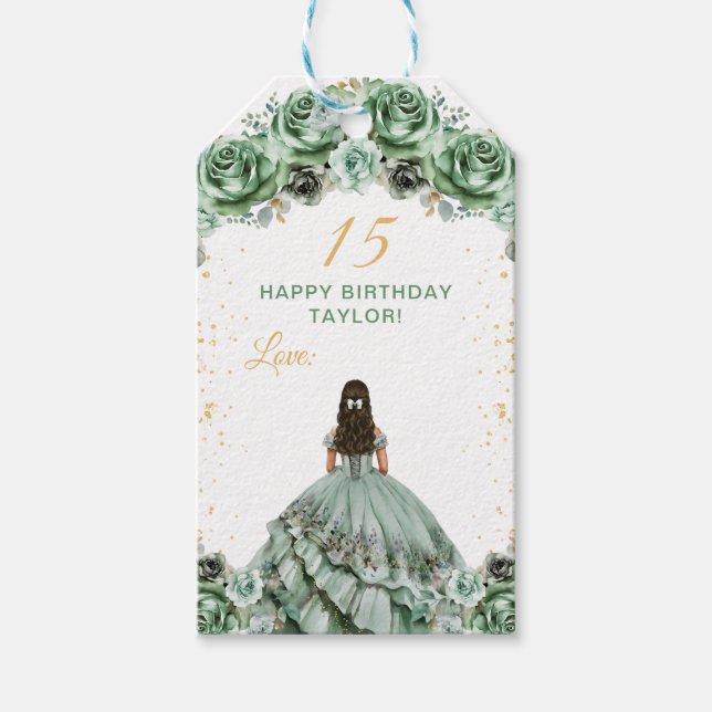 Etiqueta Para Presente Sage Green Princess Quinceañera Happy Birday (Frente)