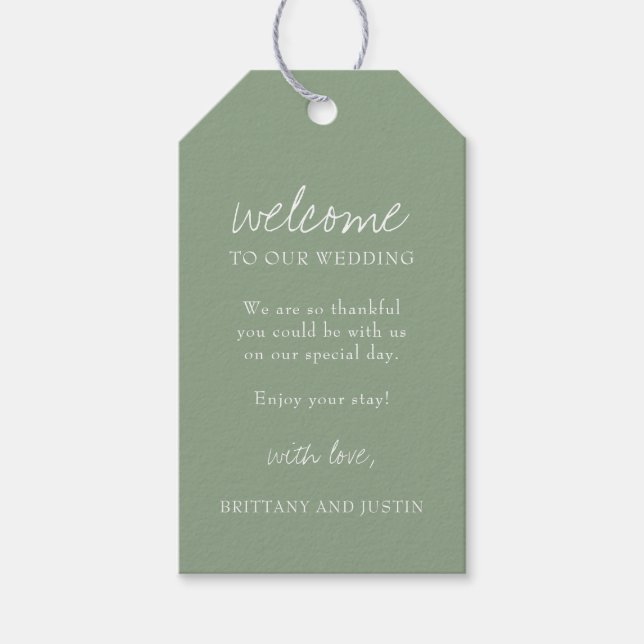 Etiqueta Para Presente Sage Green Script Wedding Weekend Bem-vindo (Frente)