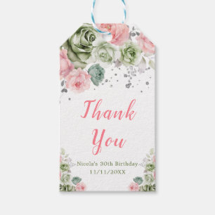 Etiqueta Para Presente Sage Verde e Rosa Floral Aniversário Obrigado