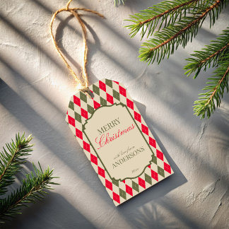 Etiqueta Para Presente Sage vermelho verde retro argyle Natal feriado