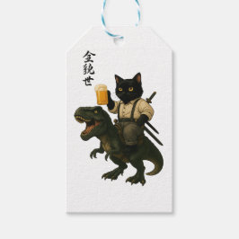 Etiqueta Para Presente Samurai Cat with Beer & T-Rex | Retro Japanese Art