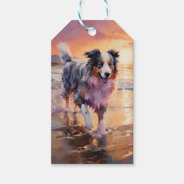 Etiqueta Para Presente Sandy Australian Shepherd Dog on Beach Sunset (Frente)