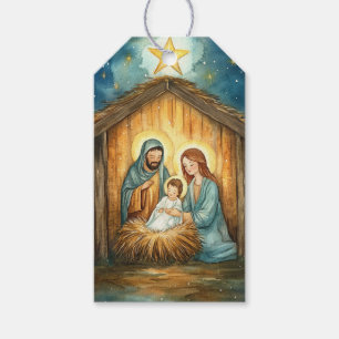Etiqueta Para Presente Santa Família em Manger, brilho nas estrelas de Na