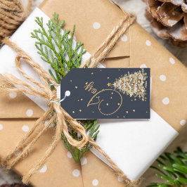 Etiqueta Para Presente Saudação de Natal Árvore Dourada de Cor Azul