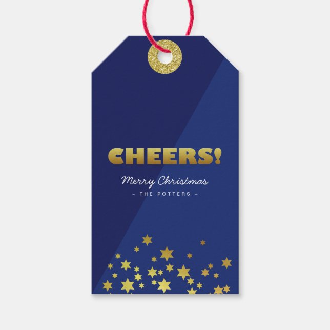 Etiqueta Para Presente Saúde | Azul e Dourado de Natal divertido (Frente)