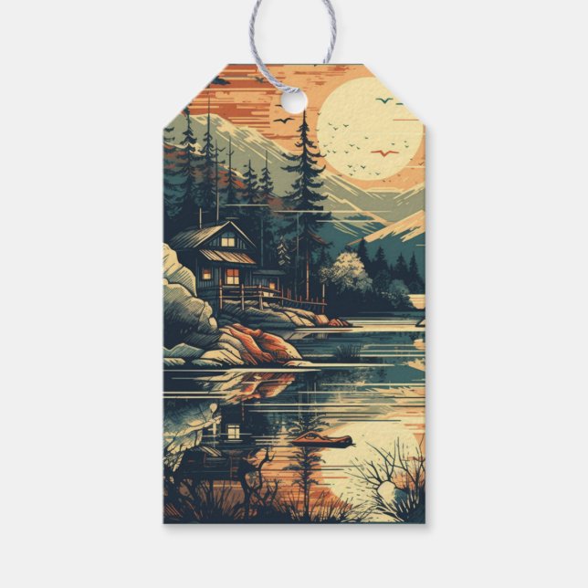 Etiqueta Para Presente Scandinávia Retro Art Mountain Home (Frente)