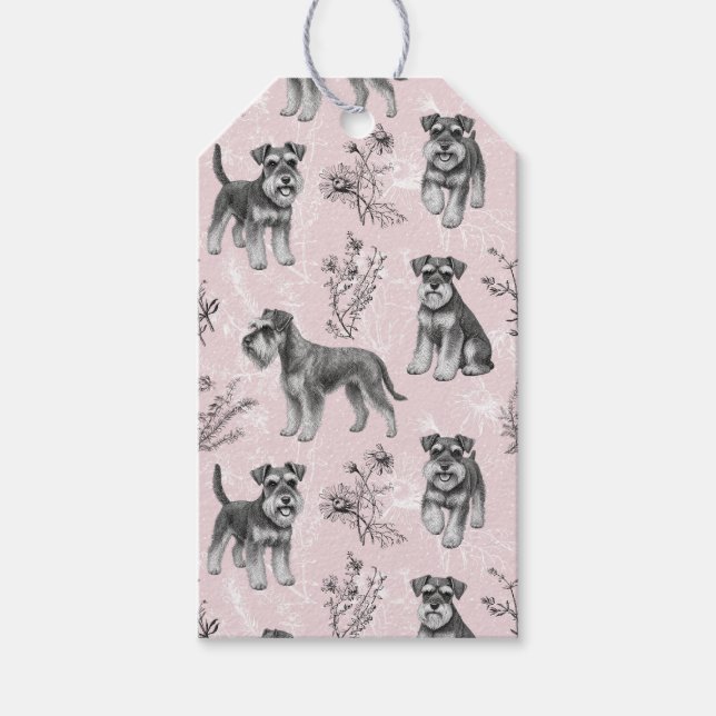 Etiqueta Para Presente Schnauzer Miniatura Toile de Jouy Rosa Vintage (Frente)