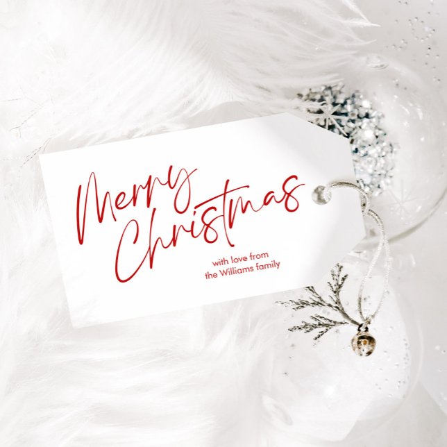 Etiqueta Para Presente Script de Caligrafia de Natal Red Merry (Criador carregado)