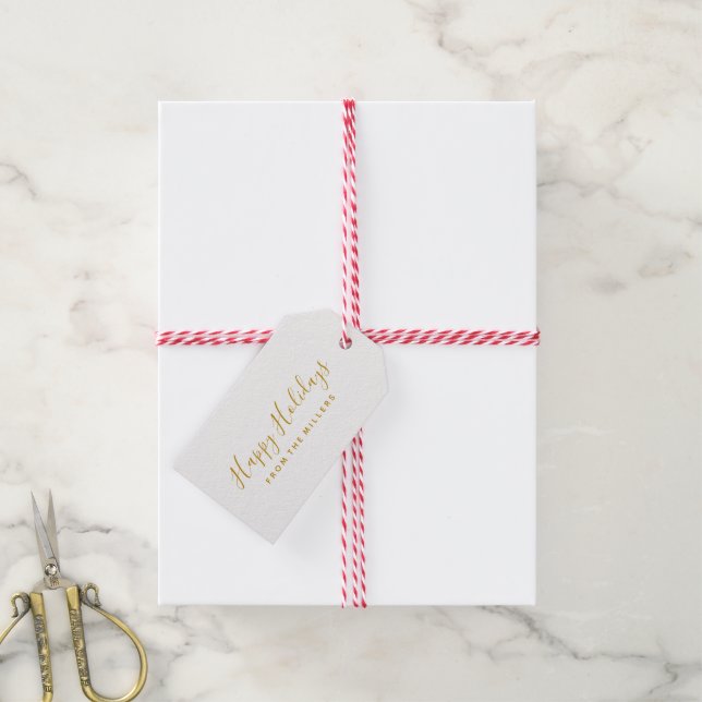 Etiqueta Para Presente Script Dourado de Feriados Felizes (Com cordão)