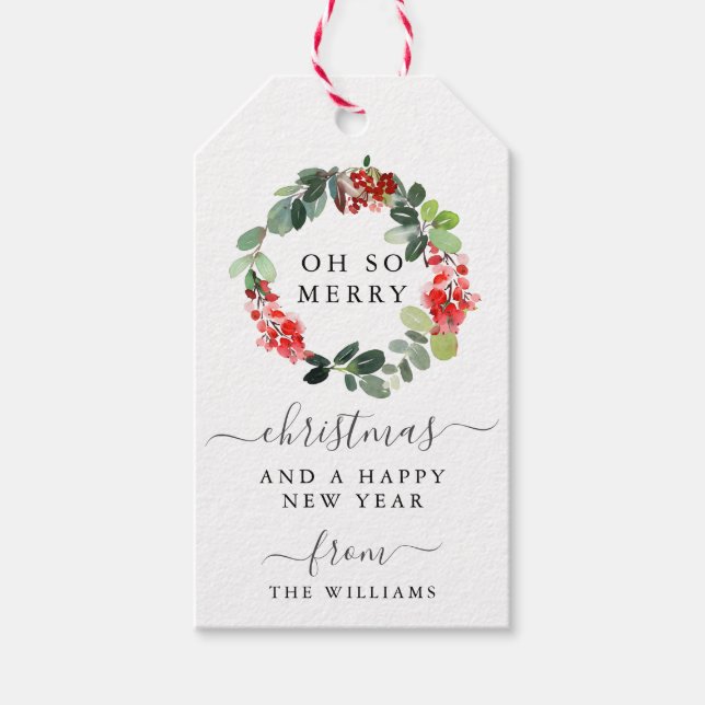 Etiqueta Para Presente Script Merry Christmas Wreath Gift Tag (Frente)