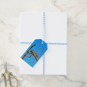 Etiqueta Para Presente Segure A Dragonfly Artística Contra O Azul Ceruli