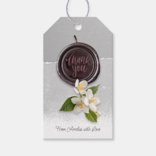 Etiqueta Para Presente Selo Preto com Flores Brancas Obrigado