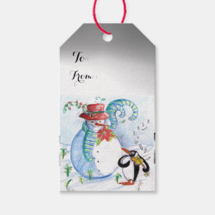 ETIQUETA PARA PRESENTE SERENADE DO INVERNO DO BONECO DE NEVE E DO PINGUIM