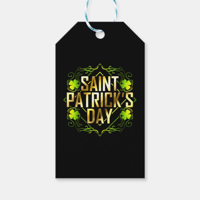 Etiqueta Para Presente Shamrock Verde e Ouro - Letra Saint Patricks (Frente)