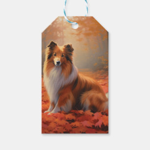Etiqueta Para Presente Shetland Sheepdog nas Folhas de Outono Caídas Insp