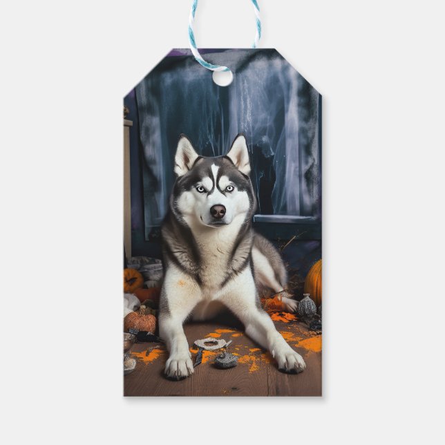 Etiqueta Para Presente Siberian Husky Pumpkins Halloween Scary (Frente)