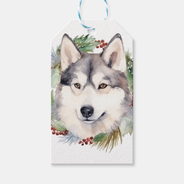 Etiqueta Para Presente Siberian Husky Wreath Festiva Pup (Frente)