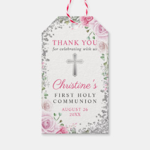 Etiqueta Para Presente Silver Pink Floral Primeira Comunhão Sagrada Obri