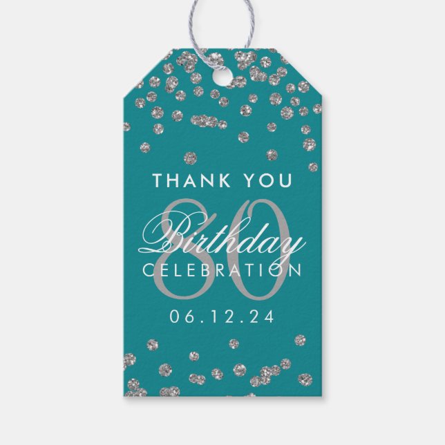 Etiqueta Para Presente Silver Teal 80 Aniversário Obrigado Glitter (Frente)
