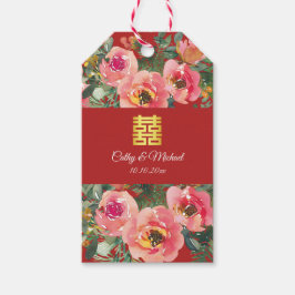 Etiqueta Para Presente Símbolo de dupla felicidade com fundo de flor rosa